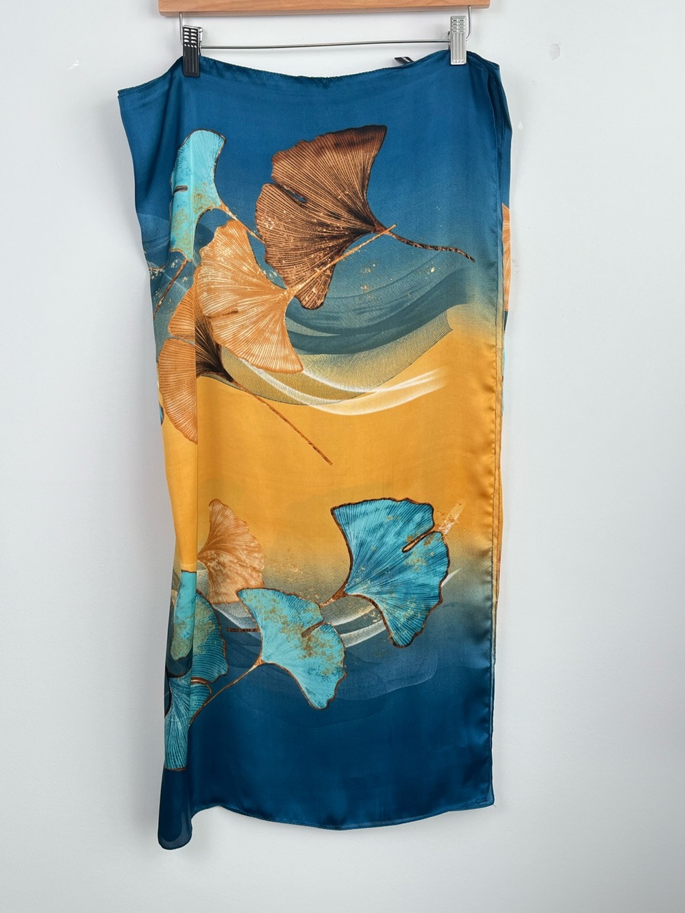 Ginkgo leaf 100% silk teal & gold large scarf.
